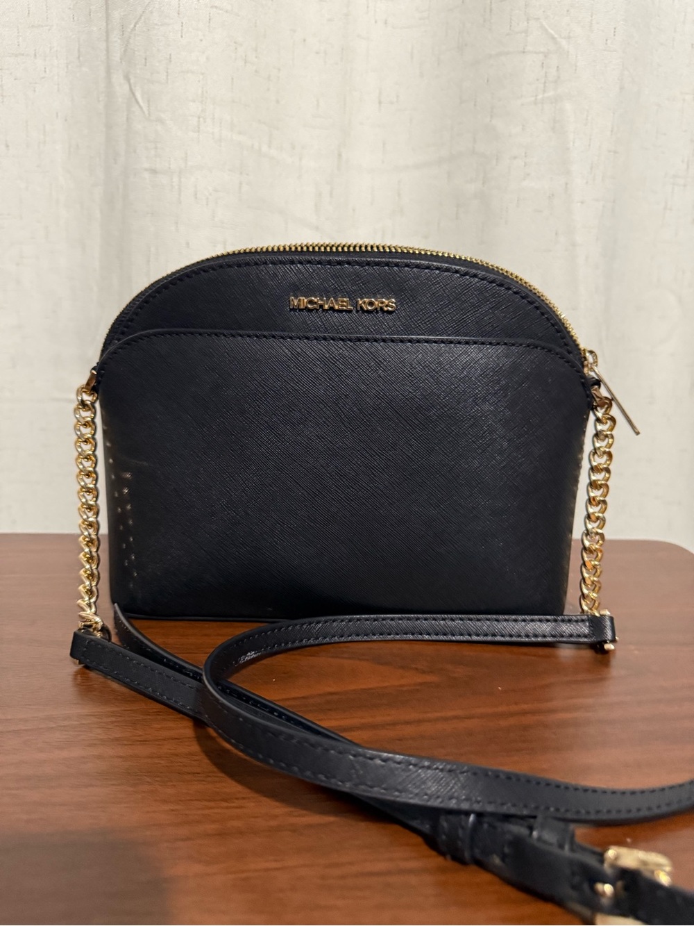 MICHAEL KORS Black Saffiano Leather Crossbody with Gold Chain Strap